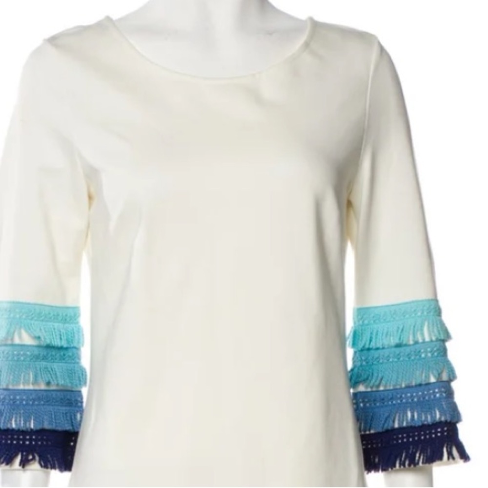 Women's Cream Top with Blue Ombre Fringe Sleeves